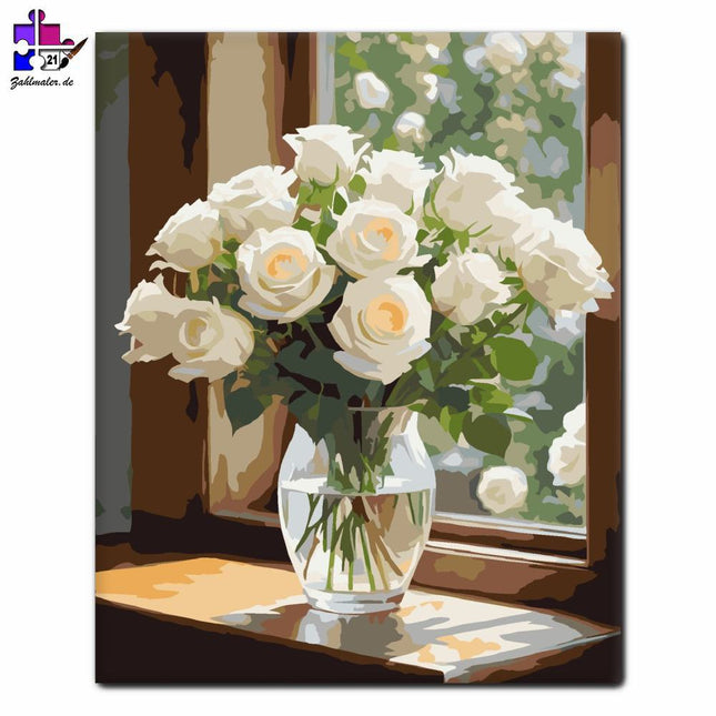Weiße Rosen in einer Glasvase | Malen nach Zahlen-Zahlmaler.de
