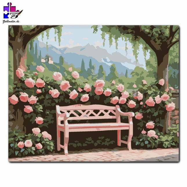 Rosa Rosenstrauch im Park | Malen nach Zahlen-Zahlmaler.de