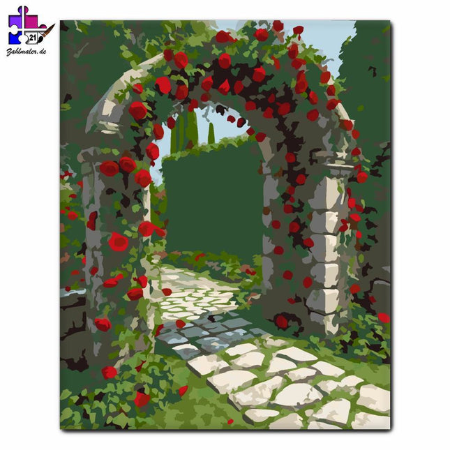 Rote Rosen im Gartenladen | Malen nach Zahlen-Zahlmaler.de