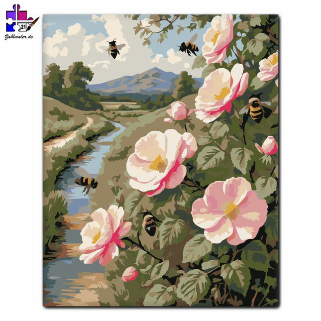 Wildrosenstrauch auf dem Feldweg | Malen nach Zahlen-Zahlmaler.de