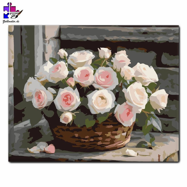 Rosa und weiße Rosen im Weidenkorb | Malen nach Zahlen-Zahlmaler.de