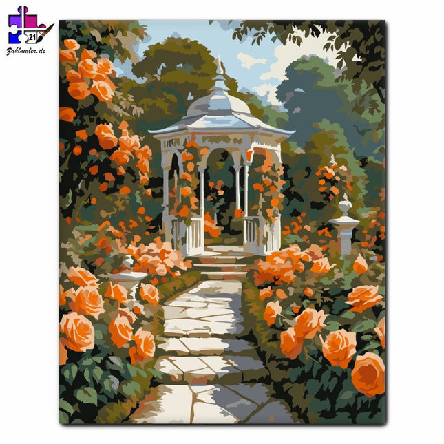 Orangefarbene Rosen auf dem Gartenweg | Malen nach Zahlen-Zahlmaler.de