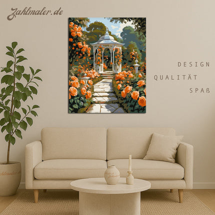 Orangefarbene Rosen auf dem Gartenweg | Malen nach Zahlen-Zahlmaler.de