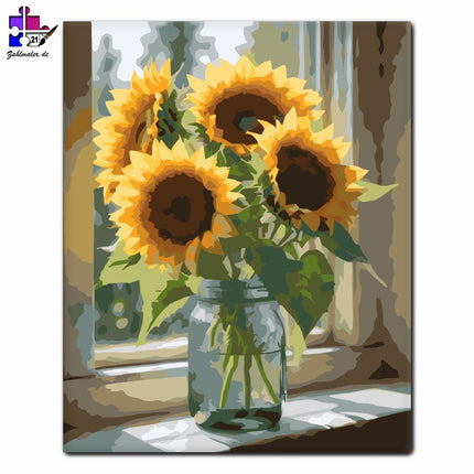 Sonnenblumenstrauß im Fenster | Malen nach Zahlen-Zahlmaler.de