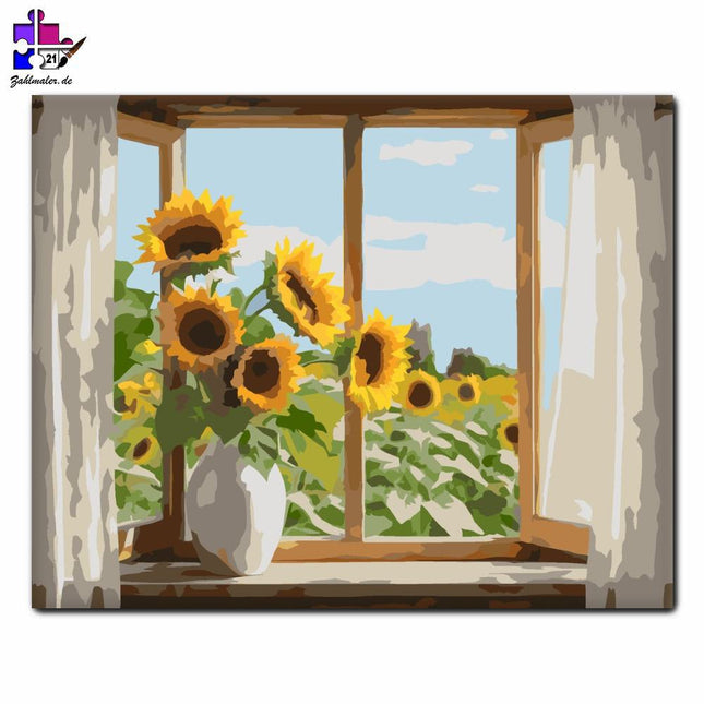 Sonnenblumen im Fenster | Malen nach Zahlen-Zahlmaler.de