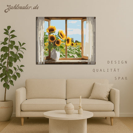 Sonnenblumen im Fenster | Malen nach Zahlen-Zahlmaler.de