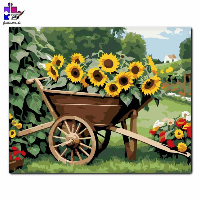 Sonnenblumen in der Gartenschubkarre | Malen nach Zahlen-Zahlmaler.de
