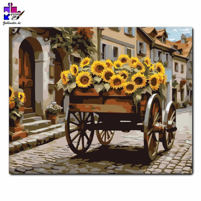 Sonnenblumen auf dem Marktkarren | Malen nach Zahlen-Zahlmaler.de