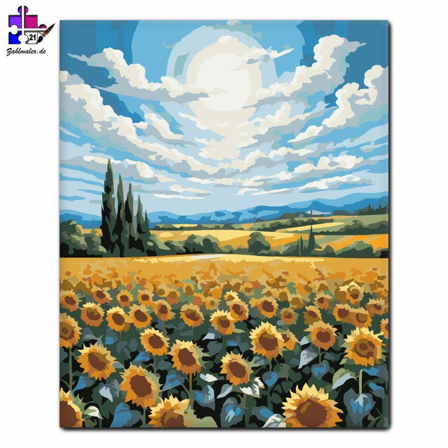 Sonnenblumenfeld unter dem blauen Himmel | Malen nach Zahlen-Zahlmaler.de