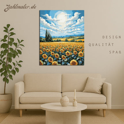 Sonnenblumenfeld unter dem blauen Himmel | Malen nach Zahlen-Zahlmaler.de