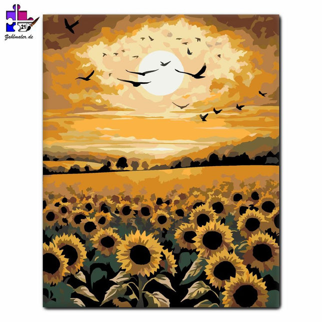 Sonnenblumenfeld und Vögel | Malen nach Zahlen-Zahlmaler.de