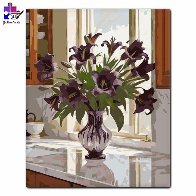Lila Lilien in Kristallvase | Malen nach Zahlen-Zahlmaler.de