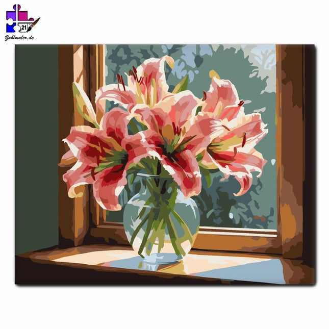 Rosa Lilien im Fenster | Malen nach Zahlen-Zahlmaler.de