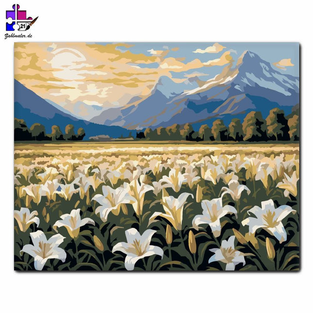 Berglandschaft mit weißen Lilien | Malen nach Zahlen-Zahlmaler.de