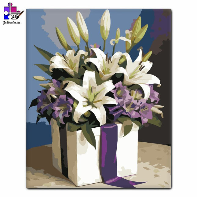 Weiße und lila Lilien in einer Geschenkbox | Malen nach Zahlen-Zahlmaler.de