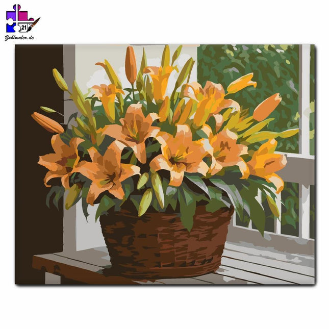 Orange und gelbe Lilien im Korb | Malen nach Zahlen-Zahlmaler.de