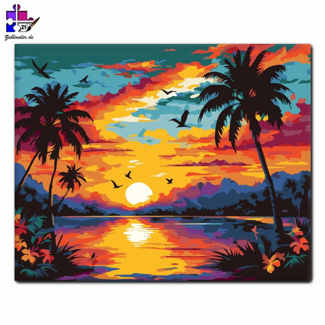 Tropischer Sonnenuntergang mit Palmen | Malen nach Zahlen-Zahlmaler.de