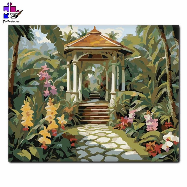 Tropischer Garten mit Pavillon | Malen nach Zahlen-Zahlmaler.de