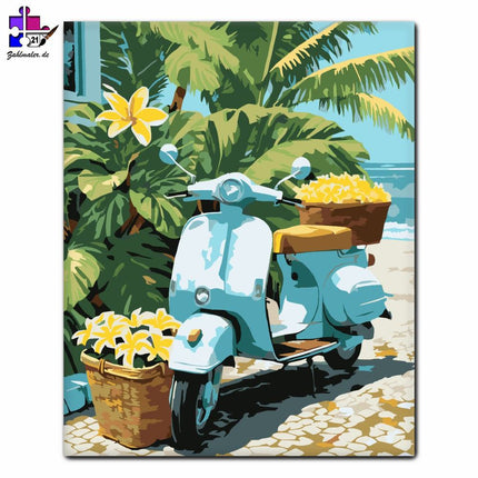 Beach Scooter mit Plumeria | Malen nach Zahlen-Zahlmaler.de