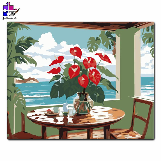 Anthurien und Monstera-Blätter mit Blick aufs Meer | Malen nach Zahlen-Zahlmaler.de