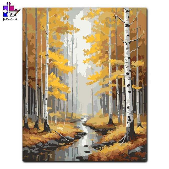 Herbstlicher Birkenwald mit Bach | Malen nach Zahlen-Zahlmaler.de