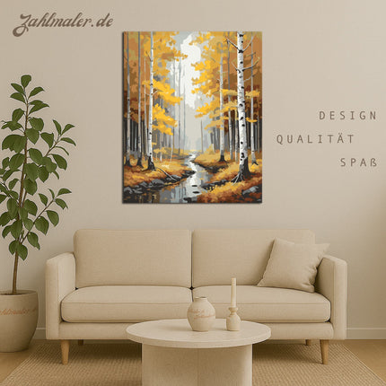 Herbstlicher Birkenwald mit Bach | Malen nach Zahlen-Zahlmaler.de