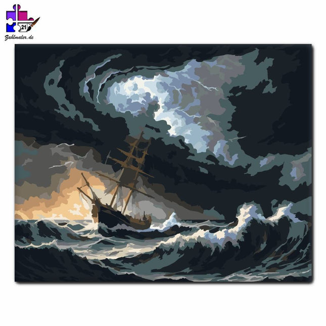 Stürmische See und Fischerboot | Malen nach Zahlen-Zahlmaler.de