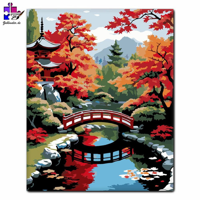 Japanischer Garten mit roter Brücke und Herbstlaub | Malen nach Zahlen-Zahlmaler.de