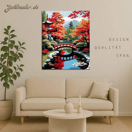Japanischer Garten mit roter Brücke und Herbstlaub | Malen nach Zahlen-Zahlmaler.de