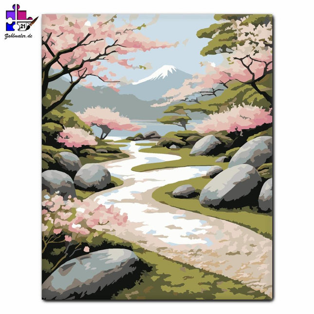 Kirschbäume und Steinweg im Japanischen Garten | Malen nach Zahlen-Zahlmaler.de
