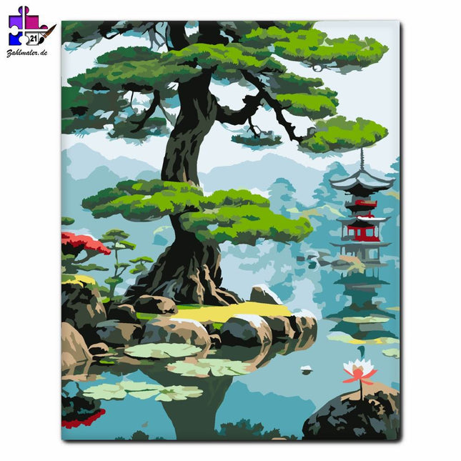 Uralte Kiefer und Lotus im Japanischen Garten | Malen nach Zahlen-Zahlmaler.de