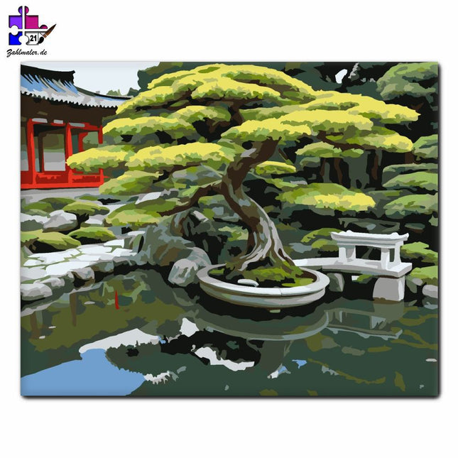 Bonsai-Baum Koi-Teich im japanischen Garten | Malen nach Zahlen-Zahlmaler.de