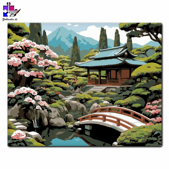Japanischer Teepavillon und blühender Garten | Malen nach Zahlen-Zahlmaler.de