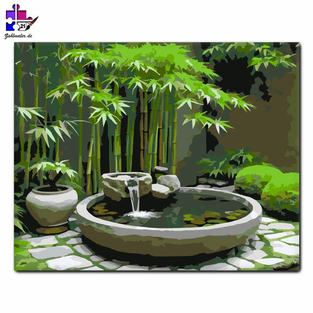 Bambus und Pool im japanischen Garten | Malen nach Zahlen-Zahlmaler.de