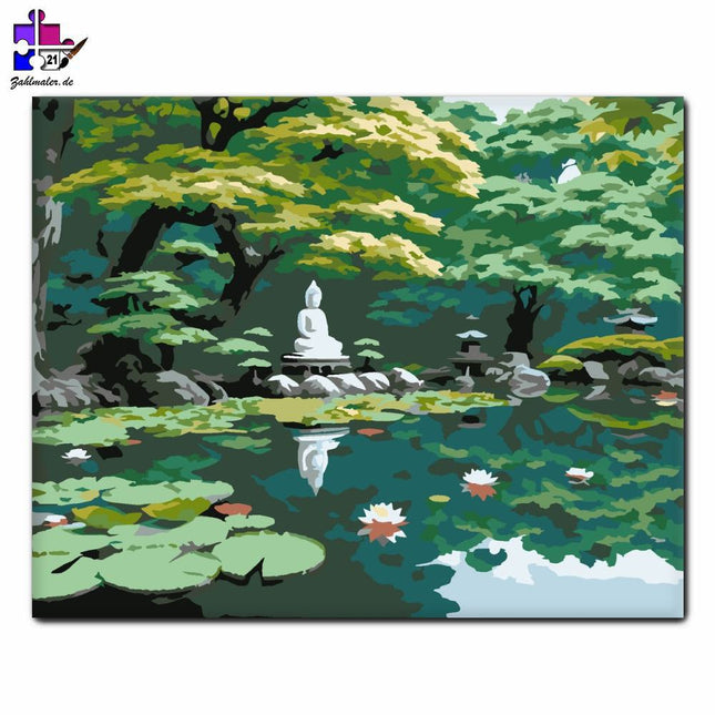 Japanischer Garten mit Buddha-Statue und Tavi-Rosen | Malen nach Zahlen-Zahlmaler.de