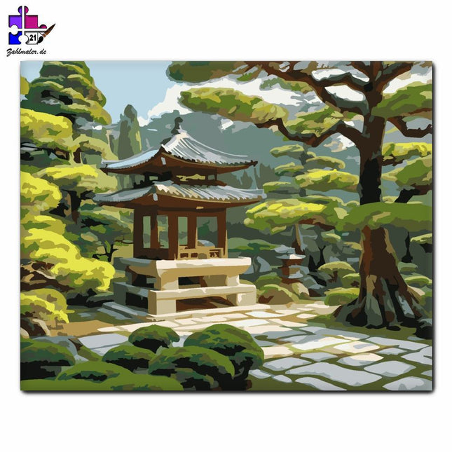 Japanischer Garten mit Pagode und Pinienbäumen | Malen nach Zahlen-Zahlmaler.de