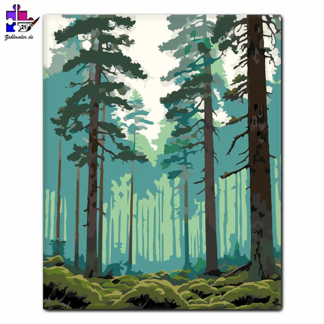 Mystischer nebliger Kiefernwald | Malen nach Zahlen-Zahlmaler.de