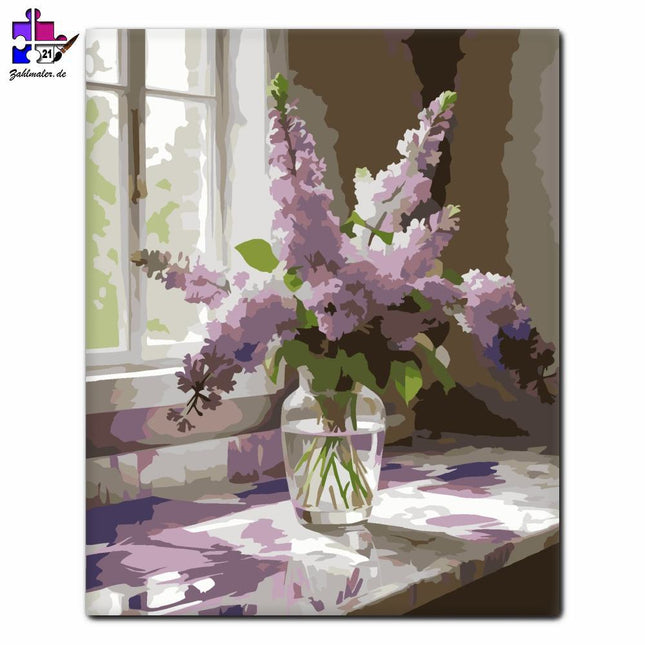 Lila Fliederblütenstrauß am Fenster | Malen nach Zahlen-Zahlmaler.de