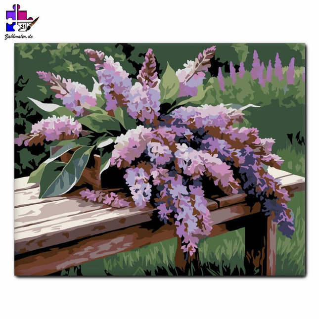 Lila Orgelstrauß auf der Bank | Malen nach Zahlen-Zahlmaler.de