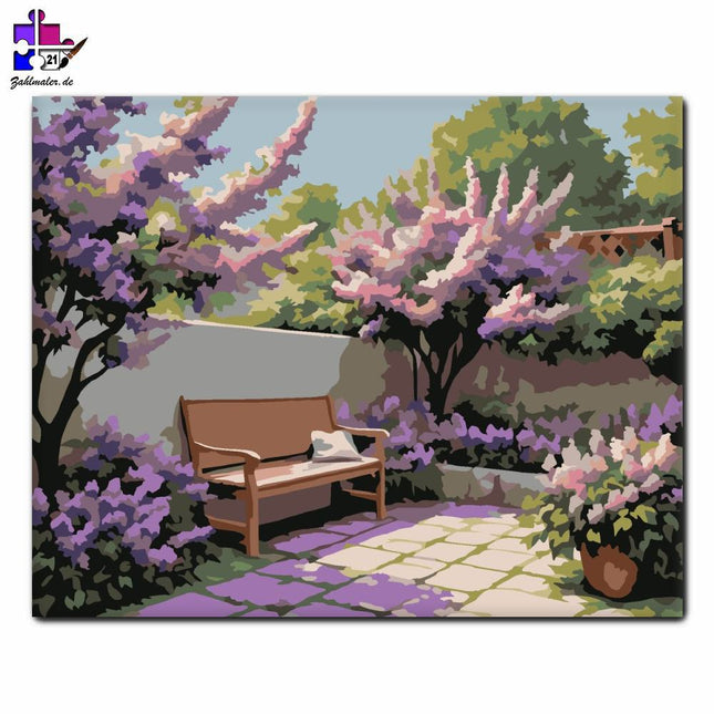 Gartenbank mit lila Orgeln | Malen nach Zahlen-Zahlmaler.de