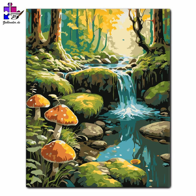 Fabelhafter Creek mit Pilzen | Malen nach Zahlen-Zahlmaler.de