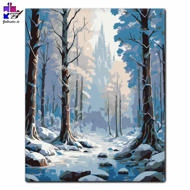 Magisches Winterschloss im tiefen Wald | Malen nach Zahlen-Zahlmaler.de