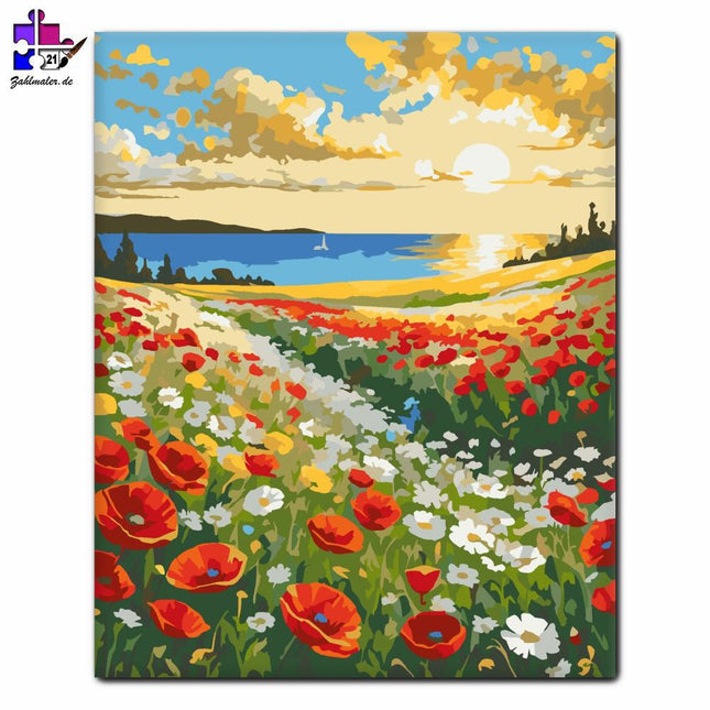 Mohnfeld und Wildblumen am Meer | Malen nach Zahlen-Zahlmaler.de