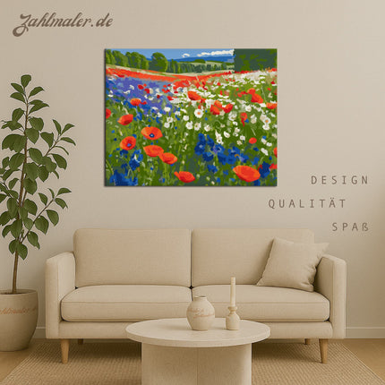 Mohnfeld mit blauen und weißen Wildblumen | Malen nach Zahlen-Zahlmaler.de