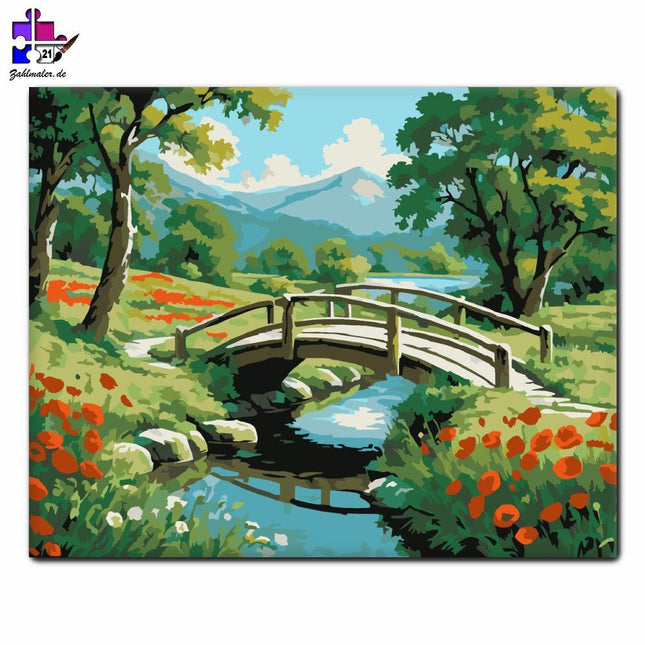 Mohnblumen und hölzerne Brücke über den Bach | Malen nach Zahlen-Zahlmaler.de