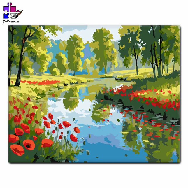 Mohnblumen am Flussufer | Malen nach Zahlen-Zahlmaler.de
