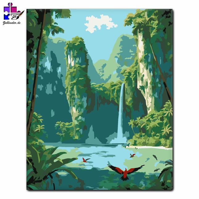 Versteckte Lagune mit Wasserfall | Malen nach Zahlen-Zahlmaler.de