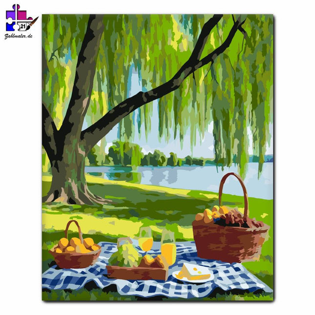 Romantisches Picknick im Schatten des Weidenbaums | Malen nach Zahlen-Zahlmaler.de