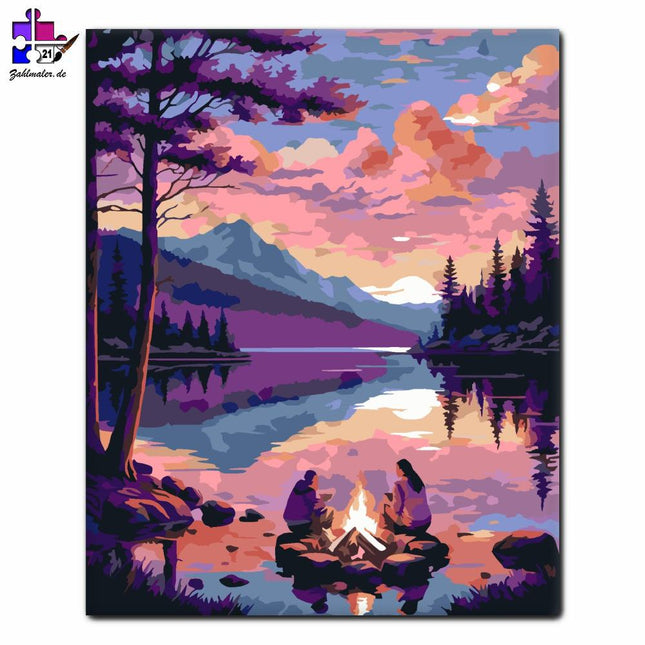 Lagerfeuer bei Sonnenuntergang am See | Malen nach Zahlen-Zahlmaler.de