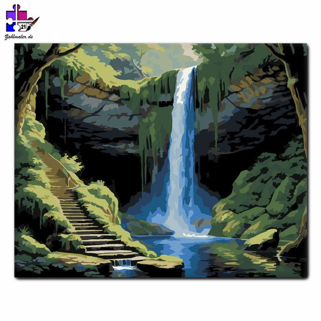Versteckte Höhle hinter dem Wasserfall | Malen nach Zahlen-Zahlmaler.de
